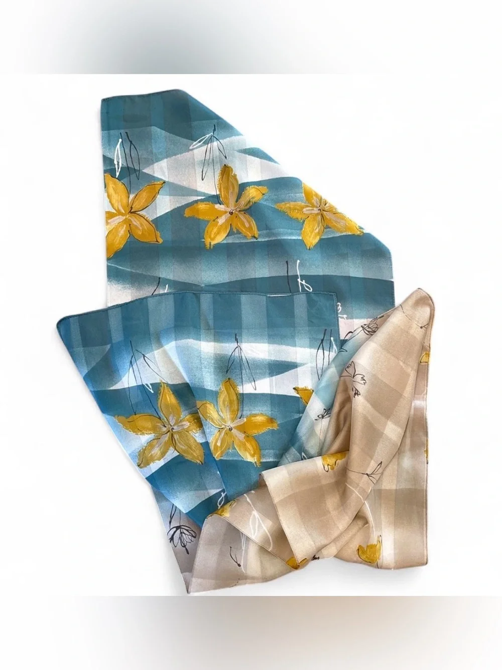 Blue and beige scarf with gold floral motifs and white stripes